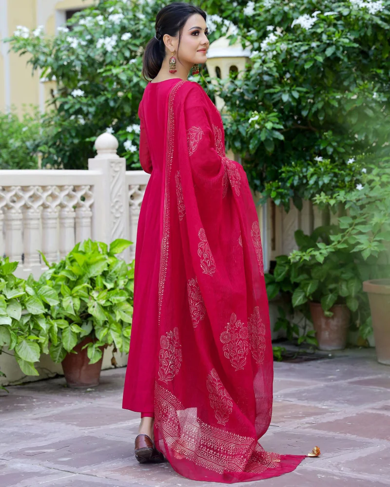 جو سريكي مزيج قطن نسائي من GoSriKi كورتا أناركلي صلب مع بنطال ودوباتا (MAGIC-PINK-GS_M_Pink_Medium)